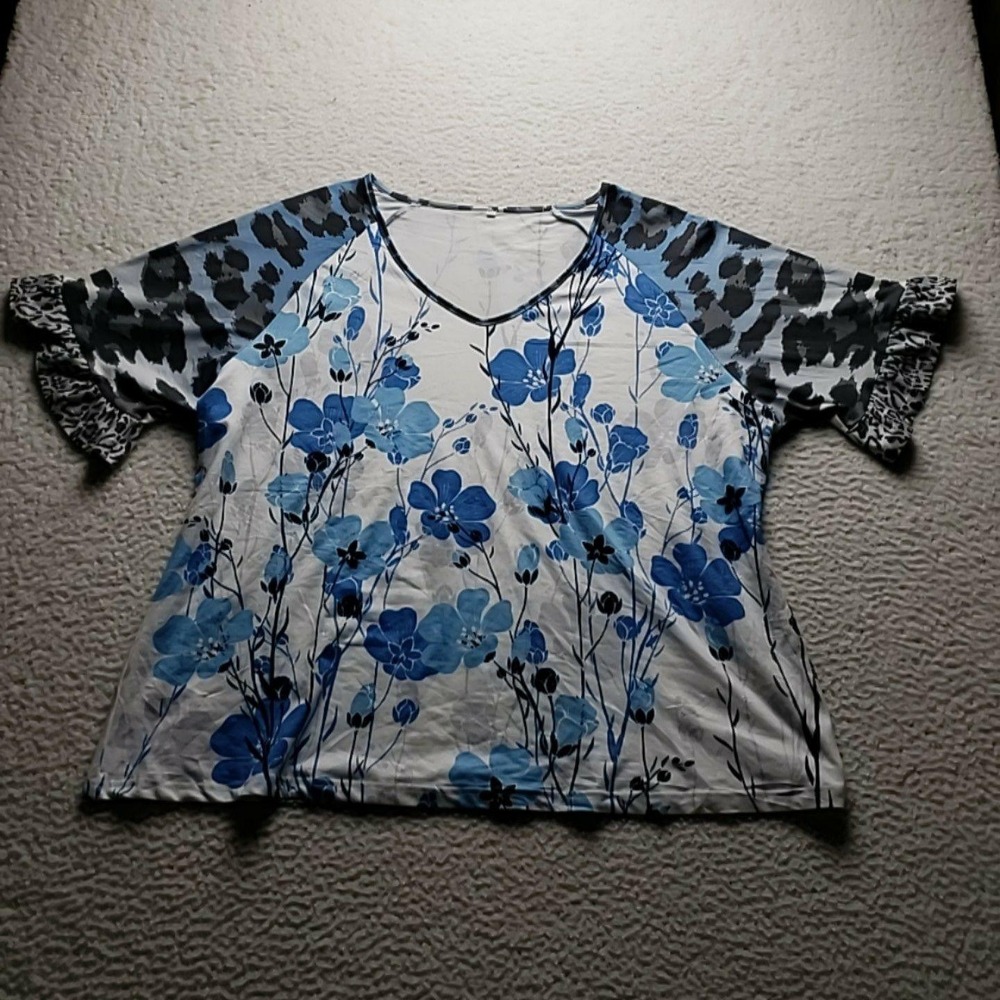 Shirt Womens Plus 4XL Blue V Neck Short Flutter Sleeve Floral Animal Top